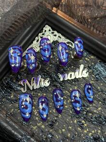 10pcs Almond Nail Acrylic Kit, Royal Blue Nails, Royal Blue Tie Dye, Hand Drawn Blue Rotating Asymmetric Wave Texture, Smooth Lines With A Sense Of Blending, With A Casual Cool Feeling, 3D Silver Beads&Eight Pointed Stars And Other Nail Accessories, Echoing The Night Sky&Starlight Theme, The Overall Style Tends To Be Cyberpunk Style, With Cool Tones - Royal Blue - View 2