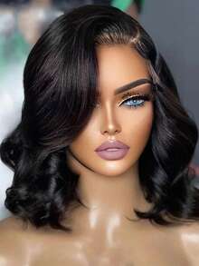 Tóc giả gợn sóng 13x4 bằng tóc thật, mật độ 150%, phiên bản nâng cấp, không cần keo, tóc trinh nữ Brazil đã được cắt tỉa sẵn, tóc giả bob gợn sóng độ nét cao bằng ren phía trước dành cho nữ. - Natural Black - Xem 2