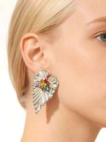1 par de elegantes y coloridos pendientes de hoja con rhinestones, adecuados para uso diario, citas, vacaciones, mejor regalo para el Día de la Madre - Dorado - Ver 6
