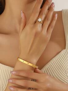 2件套18K镀金不锈钢心形手链戒指套装，镶嵌立方氧化锆，奢华珠宝婚礼配饰 - 金色 - 查看 1