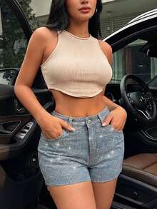 Women's Vintage Washed Blue High Waist Rhinestone Denim Shorts, Y2K Streetwear Hot Pants - Medium Wash - View 6