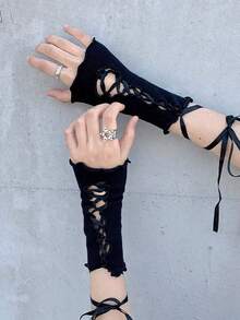 1pair,White Lace Arm Sleeves For Women, Ultra-Thin Summer Sun Protection Wrist Cover, Solid Color Breathable Gloves With Ribbon Ties - Multicolor - View 10