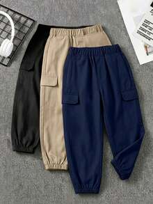 3pcs Tween Boys Casual Minimalist Faux Pocket Outdoor Sports Drawstring Cargo Pants - Multicolor - View 8
