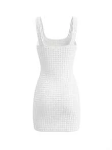 女士优雅时尚纹理方领金属扣修身白色针织连衣裙，女士夏季连衣裙，派对连衣裙，婚礼宾客连衣裙，毕业典礼连衣裙，女士优雅连衣裙，正式连衣裙，白色连衣裙 - 白色 - 查看 7