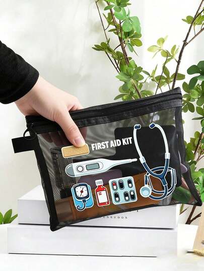 网状医疗图案收纳袋，便携式旅行药盒，带拉链，可存放药品和必需品，适合居家、旅行、露营和日常使用，适合家庭、护士、旅行者和送礼者，是复活节、春假、度假和送礼的理想之选，用途广泛，可用作医疗收纳袋、旅行急救包和个人护理收纳袋。