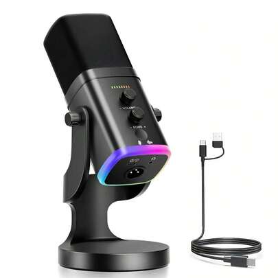 ميكروفون ديناميكي USB/XLR للألعاب والبث المباشر، ميكروفون كمبيوتر شخصي مع إضاءة RGB، زر كتم الصوت، ميكروفون مكتبي للتسجيل البودكاست