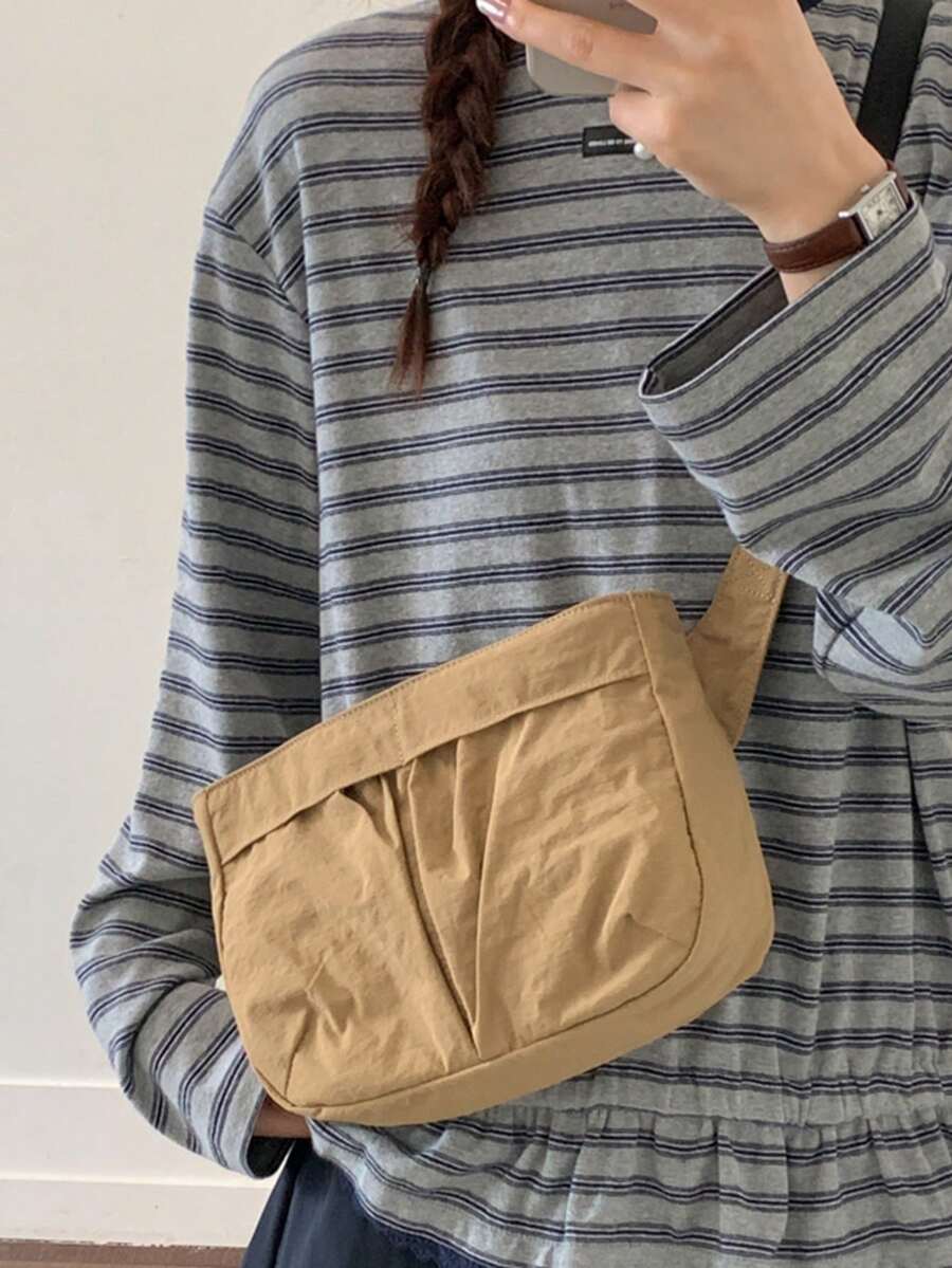 1个休闲可折叠腰包，多功能拉链封口，可调节肩带，适合日常使用、通勤、送礼、上学、大学生使用，简约褶皱方形卡其色单肩布包 - 卡其色 - 查看 1