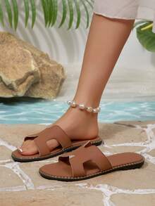 Nuevas sandalias planas de estilo slip-on, sandalias de playa bohemias de piel de PU para mujeres - Marrón - Ver 5