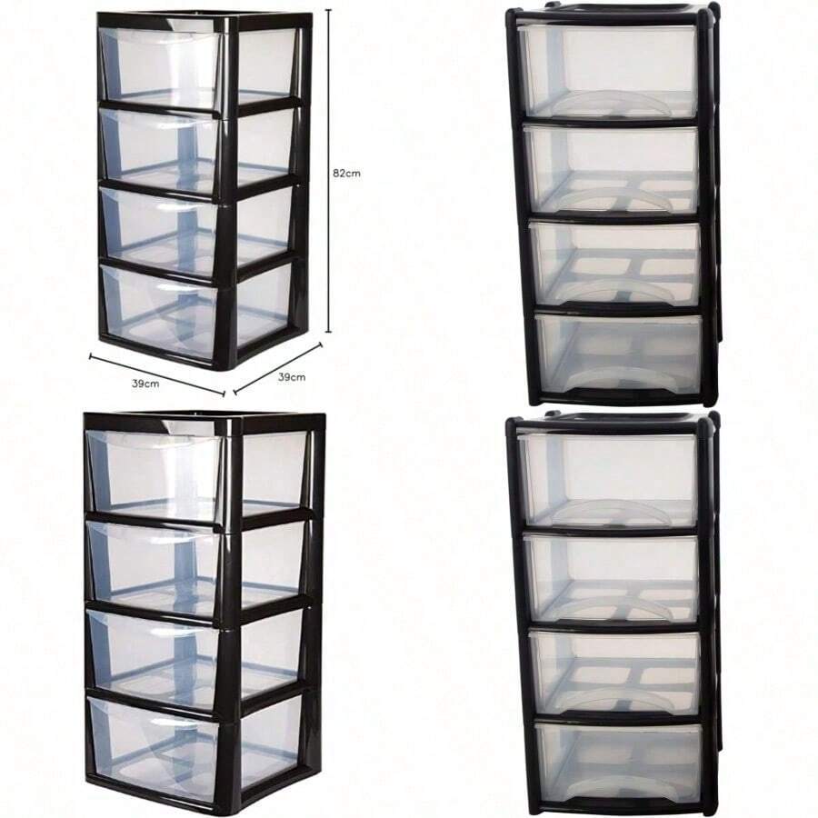 4 Drawer Large Plastic Storage Drawer Tower Perfect For Schools Offices And 's Toys Storage Solution - BlackClear - View 1