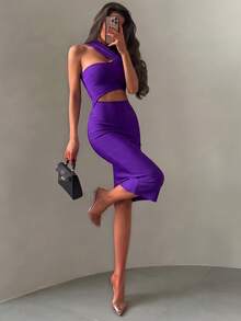 Đầm midi ôm sát không tay khoét eo mùa hè, màu tím thanh lịch, thích hợp cho tiệc cocktail hoặc dạ hội. - Màu tím - Xem 5