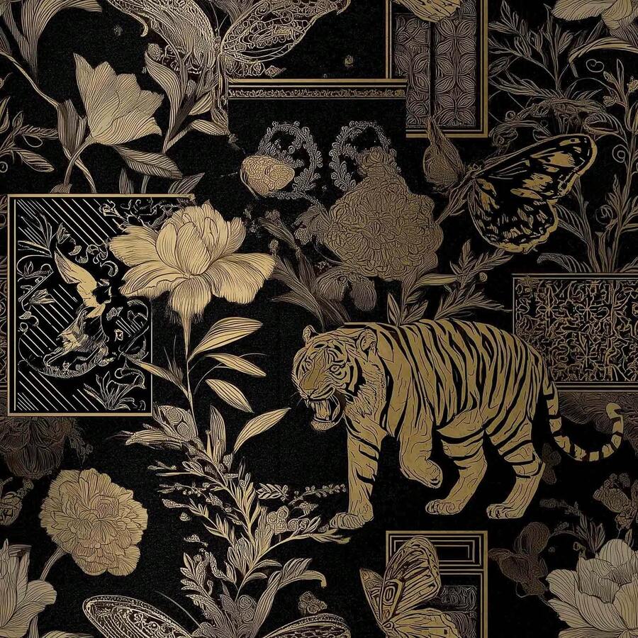 Papier peint amovible auto-adhésif Tigre doré & Floral - Papier peint vintage animal de jungle Décoration de maison Vinyle imperméable - 1 pièce - Voir 1