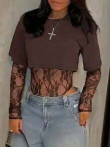 Women's Sexy Sheer Lace Short Sleeve Crop Top, Solid Color Lace Patchwork See-Through Sexy Bodysuit For Daily Wear, Dating, Single Party, Stage Performance, Spring/Summer Black - Chocolate Brown - View 6