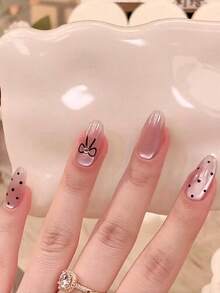 This Nail Sticker Set Includes 30 Short Coffin-Shaped Nail Tips, Featuring A French High-End Nude Polka Dot Bow Design In A Japanese And Korean Style. It Comes With 1 Jelly Glue And 1 Anti-Slip Sticker, Instantly Elevating Your Nail Look. Suitable For Parties, Proms, And Daily Casual Wear, It Is Removable And Reusable Press On Nails - Multicolor - View 1