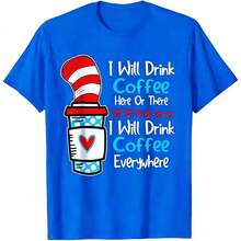 2026 SUMMER TopWhimsical 'I Will Drink Coffee Everywhere' Graphic Tee   Cat In The Hat Inspired Coffee Cup Design   Soft Black Short Sleeve Cotton T - 藍色 - 查看 7