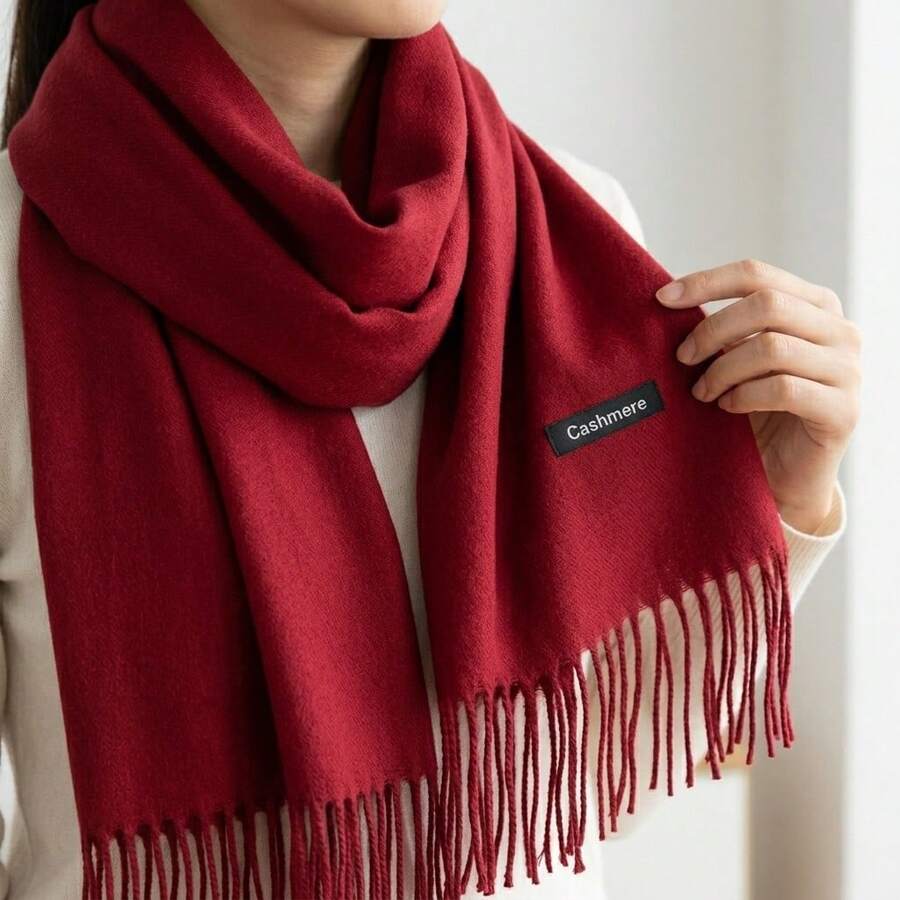 Unisex Solid Color Winter Scarf With Fringe, Classic Style. Long And Thick Faux Cashmere Scarf For Women And Men. Warm And Soft Accessory Ideal For Cold Days. Wind Protection For Daily Use And Leisure. Versatile Piece That Matches Various Autumn And Winter Looks. Available In Several Colors To Complete Your Style With Elegance And Comfort. - 紅色 - 查看 1