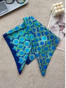 1pc Blue & Green Geometric Circle & Square Pattern Silk Scarf, Japanese Style Neck Scarf, Head Wrap, Waist Decoration For Women,Beach,Holiday - Blue - View 3