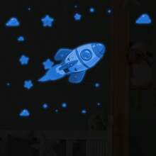 1pc Glow-In-The-Dark Blue Cosmic Element Rocket & Star Wall Sticker, Condensing A Starry Sky And Aerospace Exploration Story On The Wall. Made Of PVC Material With Moderate Adhesiveness And No Residual Glue Marks - A - View 7