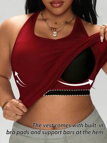 1pc Plus Size Ribbed Fabric Tank Top, 2-In-1 Built-In Cup Pad Racerback Camisole, Slimming Outerwear Base Layer Casual Sports Yoga Tank Top For Women - Red - View 4