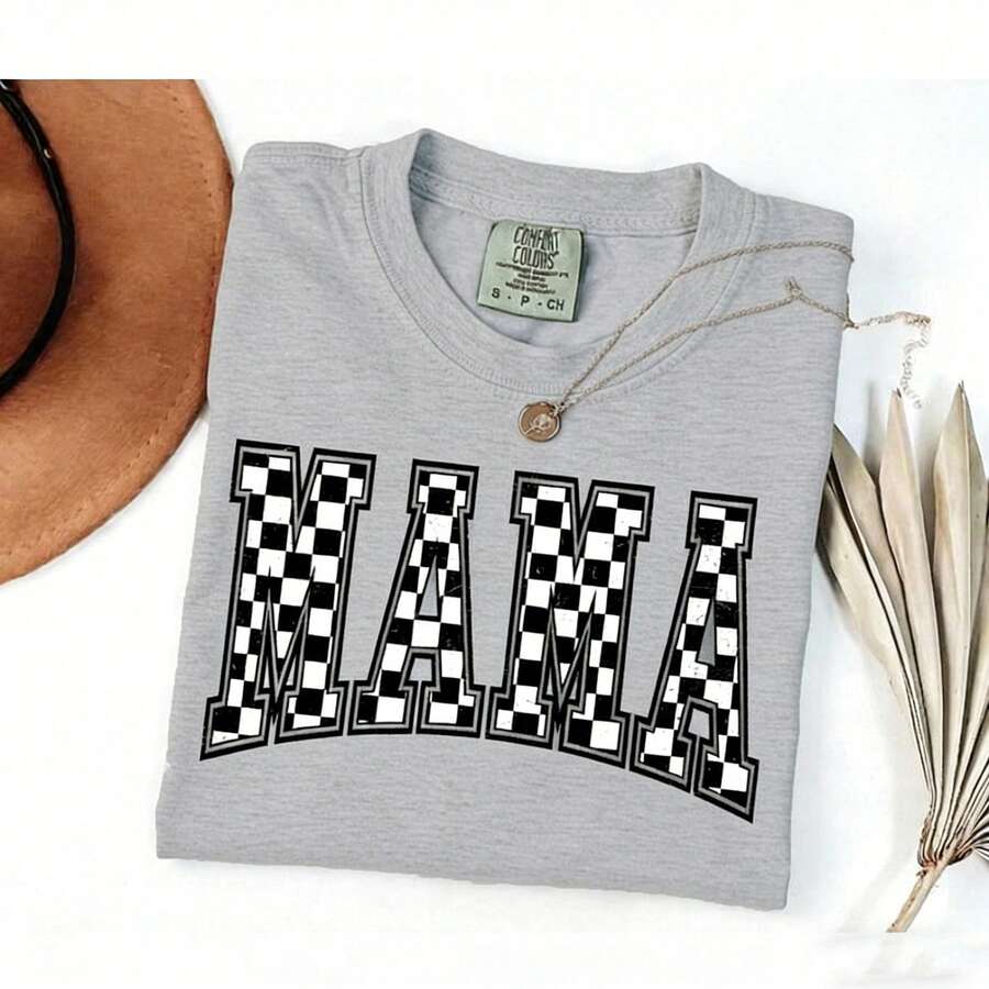 [100% Cotton] VPRNT  Checkered Mama Shirt Gift For Mom Retro Vintage Mom Shirt Summer Short Sleeve Tops - Unisex Women's & Men's Campus Daily Wear - 灰色 - 查看 1