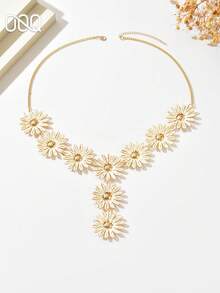 OOQ 1pc Bohemian Style Handmade Woven Raffia Daisy Flower Patchwork Y-Necklace, Fashionable Handcrafted Raffia Floral Pendant Necklace Suitable For Women's Daily, Beach, Party Wear (Handwoven Technique Randomly, Handmade May Have Slight Glue Residue) - Off White - View 2