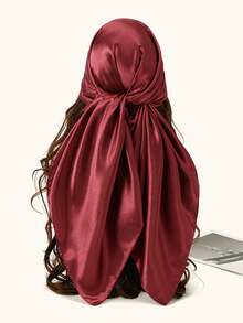 1pc Versatile Solid Color Satin 90cm Square Scarf,Travel Essential,Holiday - Burgundy - View 2