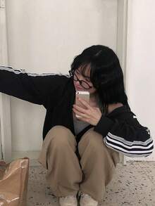女士休闲宽松立领夹克 黑色 - 黑色 - 查看 6