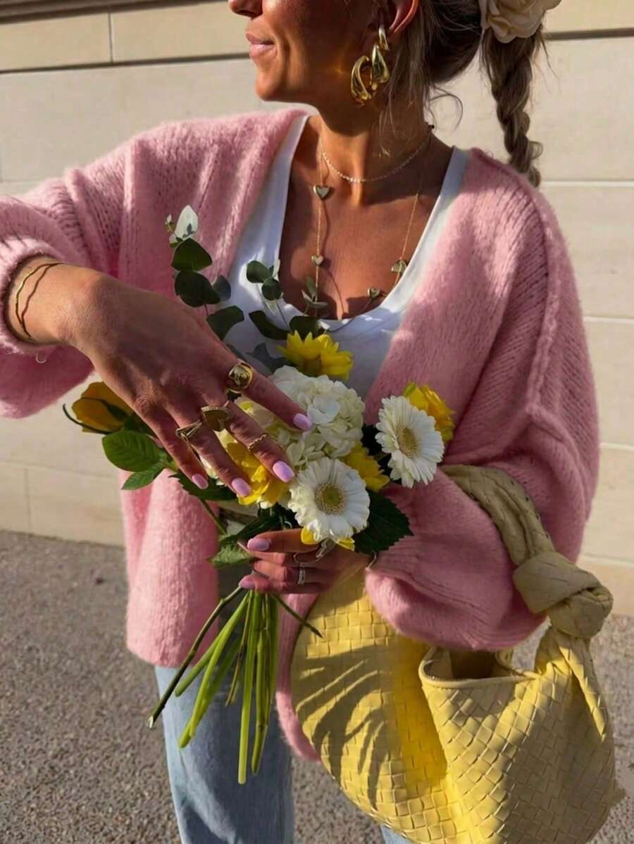 Vibrant Loose Drop Shoulder Design Casual Knit Cardigan, Energetic Style For Women In Autumn/Winter Pink Fall - Pink - View 1
