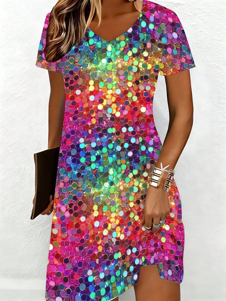 Colorful Sequin Dress Multicolor Circle Print Party Wear - 彩色 - 查看 1