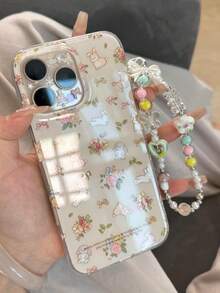 可愛兔子與花卉塗鴉多巴胺色調軟手機殼，適用於 iPhone 17 Pro Max、17 Pro、16、15 Pro Max、14 Pro Max、13、12 Pro Max、17 Air、15 Plus、11，卡通夏季風格附蝴蝶結熊掛繩 - 碎花兔子 - 查看 3