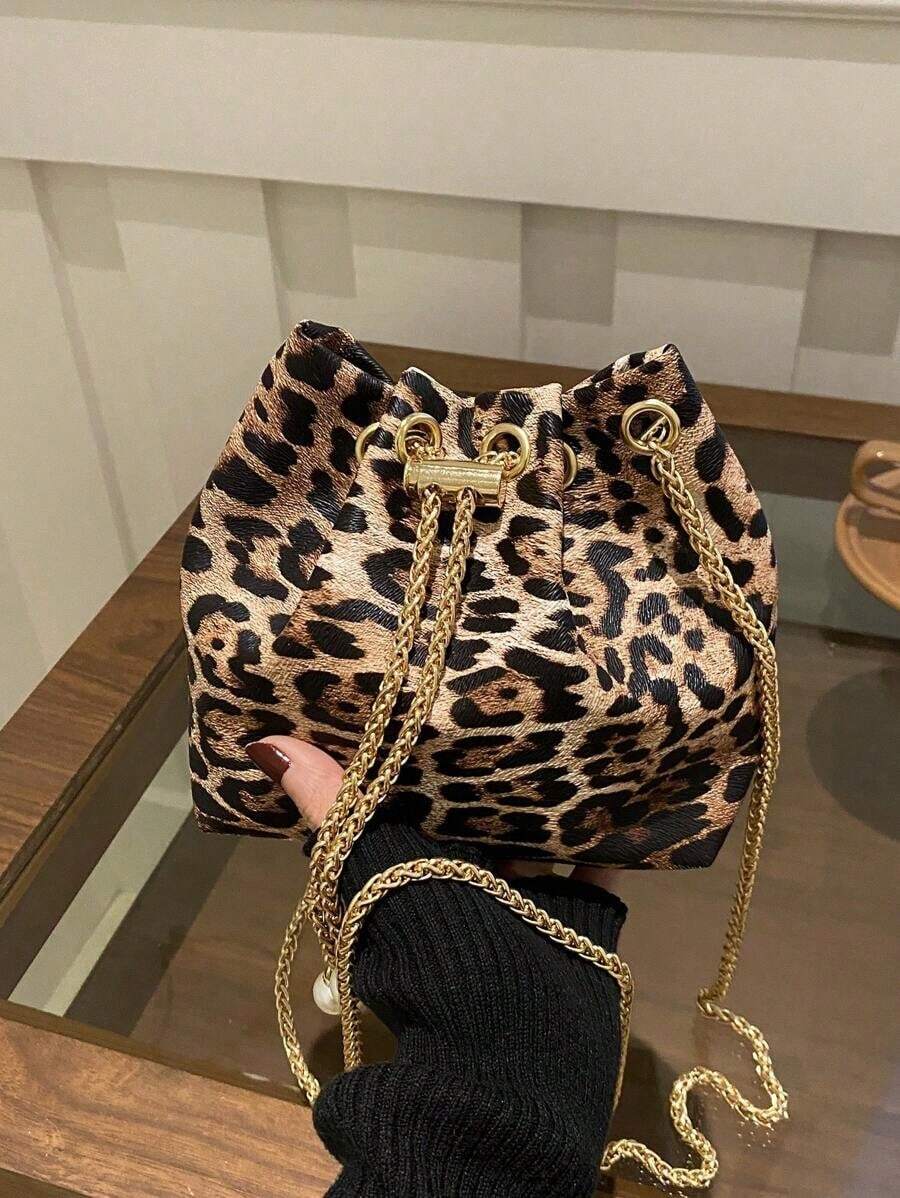 1pc Leopard Print Khaki Shoulder Bag With Metal Chain, Exquisite High-End Niche Design, Versatile, Animal Print Women Bag, Fall Winter Fashionable Cheetah Print Purse For Women, New Fall Winter Tiger Print Bag For Women , Leopard Cheetah Print , Beach - 粉色 - 查看 1