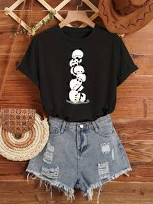 Women's Casual Short Sleeve T-Shirt With Cute Cartoon Panda Stack Graphic - Soft Stretch Round Neck Tee For Spring Summer Fall, Machine Washable, Sizes S-XXL, Cute T Shirts, Seasonal Fashion, Playful Design, Medium Elasticity - màu đen - Xem 2