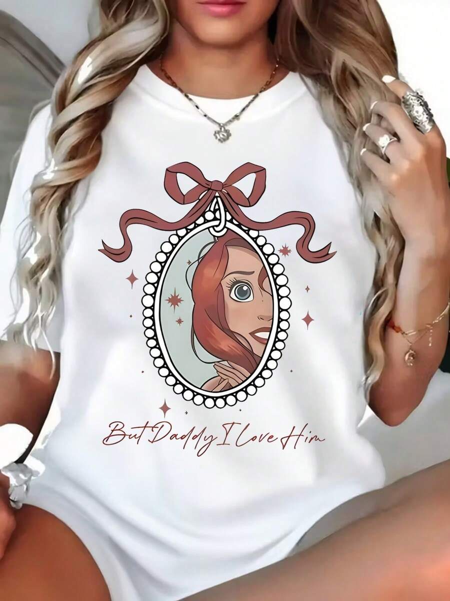 Plussize Women's Casual Tshirt, For Ariel, The Little Mermaid, Sport, Athleisure, Comfortable And Loosefitting Round Neck Printed Tshirt For Casual Attire, Suitable For All Seasons, Machine Washable, Valentine's Day Women's Clothing, Date Outfits - 白色 - 查看 1