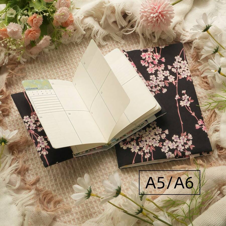 Bìa sổ in hình hoa anh đào, cỡ A5/A6, bìa sổ điều chỉnh được cho nhật ký.