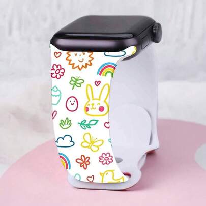Printed Silicone Watch Band, Compatible With Apple Watch 38mm, 40mm, 41mm, 42mm, 44mm, 45mm, 49mm, Suitable For Apple Watch SE, Series 9, 8, 7, 6, 5, 4, 3, 2, 1, Unisex, Fade-Resistant Silicone, Cute Doodle Colorful Pattern