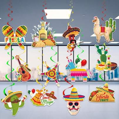 12 piezas Decoraciones colgantes en espiral de papel para fiesta del 5 de mayo - Decoraciones colgantes con siluetas mexicanas para fiesta del 5 de mayo - Serpentinas en espiral para fiesta del 5 de mayo