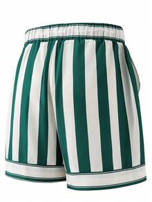 Pantalones cortos de playa casuales con cordón y rayas para hombres - Verde - Ver 5