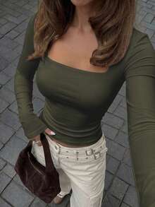 Camiseta ajustada de manga larga con cuello cuadrado para mujer, primavera/verano Y2K, unicolor, sexy, adecuada para el Día de San Valentín y uso casual - Verde Oliva - Ver 10