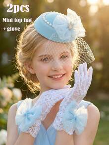 2pcs/Set Sky Blue Crown Net Veil Rhinestone Bow Fascinator Hat + Bow Gloves, Bridal Shower, Wedding, Party Photo Booth Props, Floral Wreath, Wrist Corsage, Matching Mother-Daughter - Baby Blue - View 13