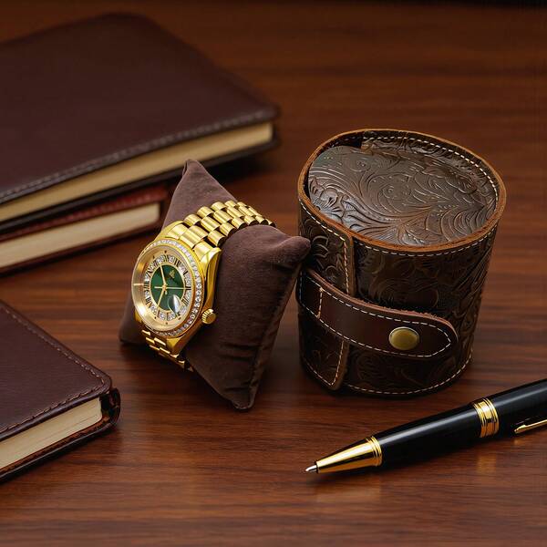 1pc Coffee-Color Watch Storage Protective Case, Printed Dark-Color Watch Box, Men's Watch Box, Suitable For Holiday Gifts