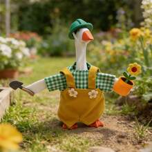 7 Inches Desk Goose Gardener Costume Cute Plaid Print Patchwork Overalls And Hat 2 Pcs Set Mini Goose Outfit - Colorful - View 4