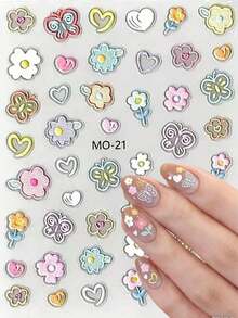 1pc Soft & Cute Floral Heart Nail Art Stickers, 3D Embossed, Fresh Style, Waterproof, Finger Nail Decor, DIY Scrapbooking - Multicolor - View 1