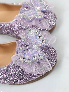 女童新款紫色亮片蝴蝶公主鞋，珍珠单带防滑软底鞋，儿童表演水晶鞋 - 紫色 - 查看 7