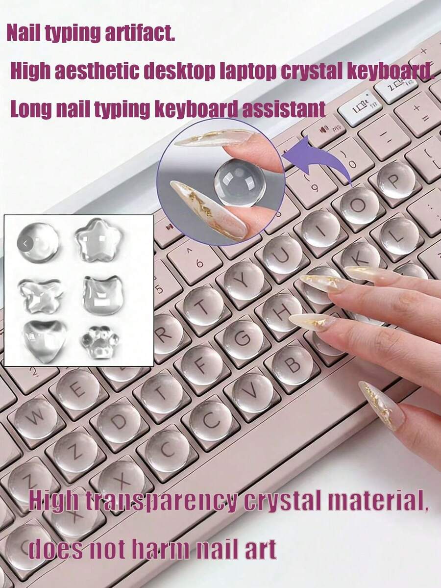 32pcs Transparent Magnifying Nail Stickers, Nail Typing Auxiliary Keyboard Stickers With 3D Raised Long Nails, Transparent DIY Keyboard Cap Self-Adhesive Office Nail Protection, Transparent Glass Material (Includes Round Seamless Nano Transparent Glue) - View 1