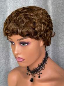 Glueless Blended Hair Perücke mit natürlichen braunen Highlights, lockige Welle, Pixie-Schnitt, glueless und ohne Spitze, 150% Dichte, kurzes Haar für den täglichen Gebrauch, Cosplay & Partys - Geeignet für alle - S4/27 - Übersicht 3