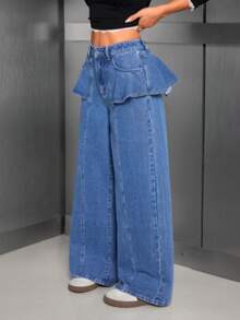 Quần ống đứng denim bohemian ARWY thanh lịch, giản dị, có túi khóa kéo, cúc, viền xếp ly/viền bèo, đa năng cho trang phục dạo phố, đi nghỉ, hẹn hò, mặc hàng ngày, mọi mùa - Rửa trung bình - Xem 4