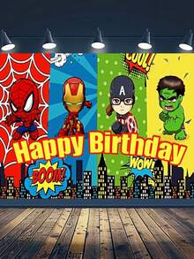 Marvel 100*150厘米生日派对装饰背景布，生日摄影横幅，涤纶派对背景布，复仇者联盟主题生日派对纸盘装饰，超级英雄主题生日派对桌布和餐具，生日派对用品 - 多色 - 查看 13