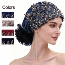 春夏头巾帽，时尚刺绣珠饰蕾丝，透气舒适，适合遮盖白发，也适合海滩度假等场合。 - 蕾絲釘珠帽 - 查看 1