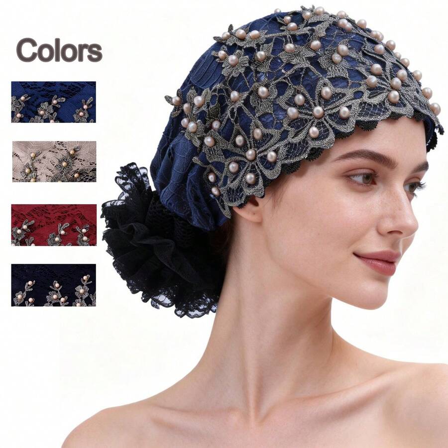 春夏头巾帽，时尚刺绣珠饰蕾丝，透气舒适，适合遮盖白发，也适合海滩度假等场合。 - 蕾絲釘珠帽 - 查看 1