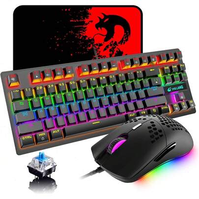 ATTACK SHARK LexonElec K2 Mechanical Gaming Keyboard,Blue Switch Mini 82 Keys Wired Rainbow LED Backlit Keyboard, Light Weight Gaming Mouse DPI Adjustable Honeycomb Optical For PC Gamers (White/ Pink/ Black)