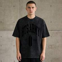 Washed Vintage Tee T Shirts BTS Army Print Tee T Shirts Acid Washed Retro Style Music Fan Tee T Shirts Casual Loose Cotton Shirt Unisex Top Perfect Gift - 玫紅色 - 查看 5
